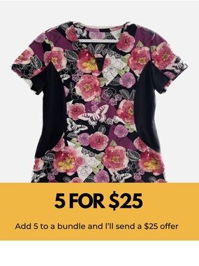 Health Pro black/pink floral scrub top with stretch side panels.